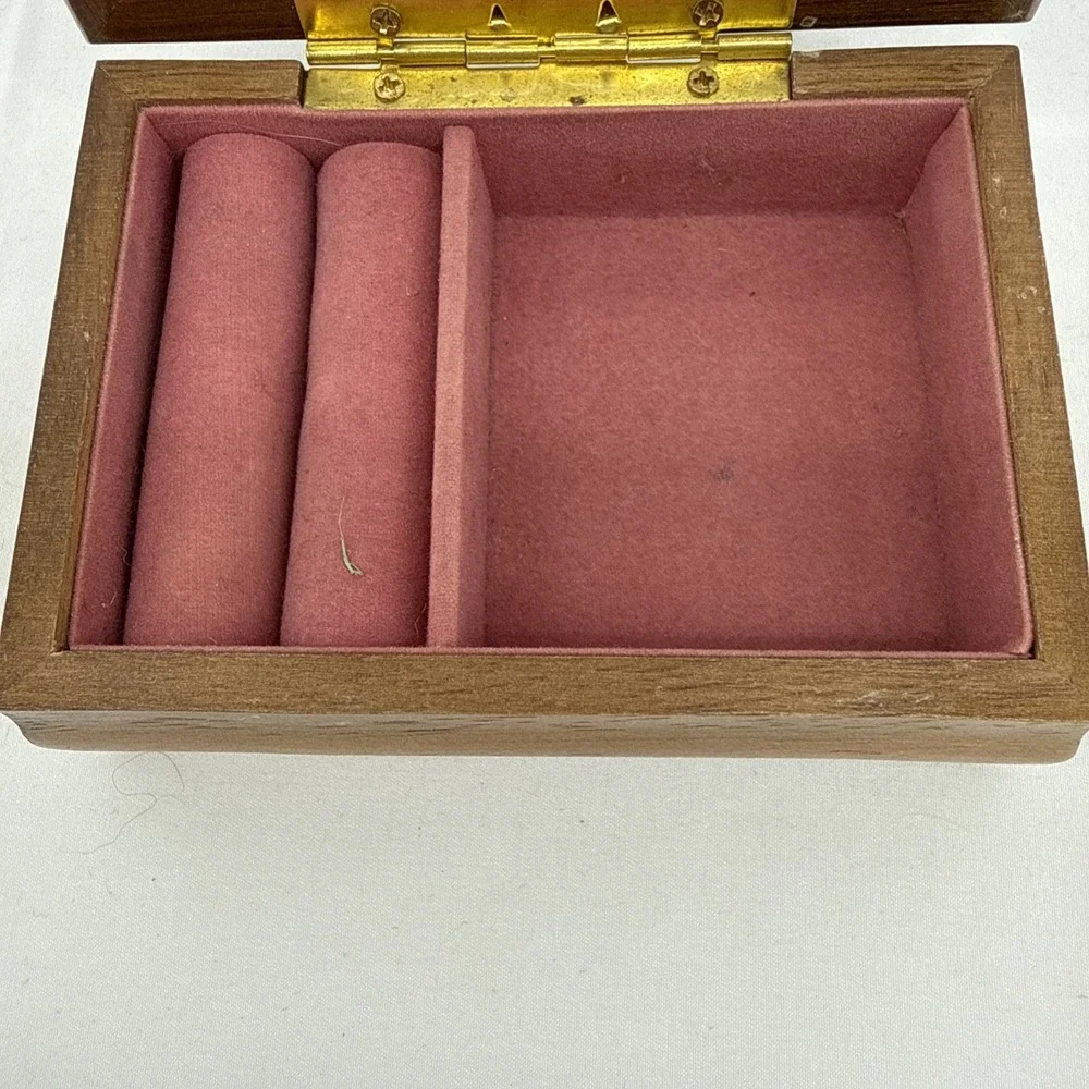 Vintage Small Wooden Jewelry Box Etched Flower Design Oval Glass Top Pink Velvet